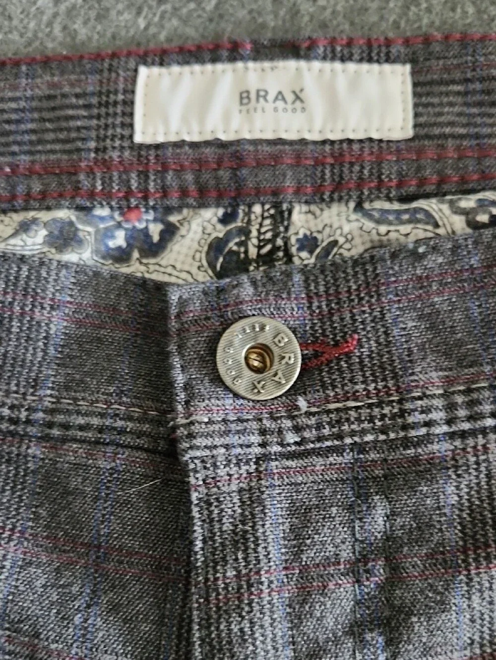 Brax Cooper Fancy Mens Gray Plaid Chino Pants Cotton Regular Fit Size 40x32